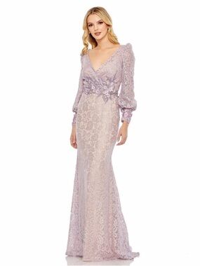 NWT Mac Duggal Lace Long Sleeve #79397 VNeck Embellished Vintage Lilac Gown 14